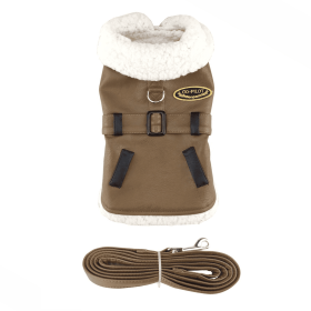 Brown and Black Faux Leather Bomber Dog Coat Harness and Leash (size: X-LARGE)