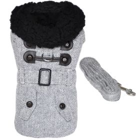 Grey Herringbone Designer Harness Coat and Matching Leash (size: X-LARGE)